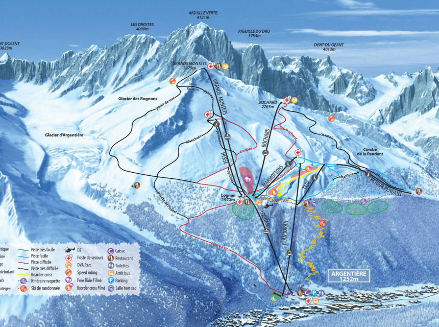 Detailed map of Grands Montets - slopes, lifts, snow park Detailed map of Grands Montets - slopes, lifts, snow park