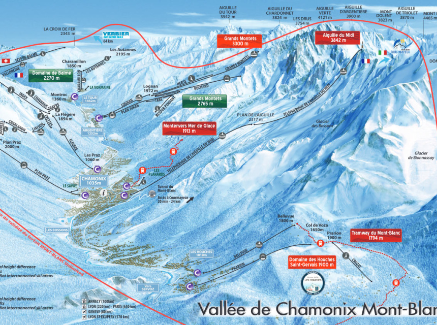 Chamonix Valley Ski Areas and Resorts Slopes Map